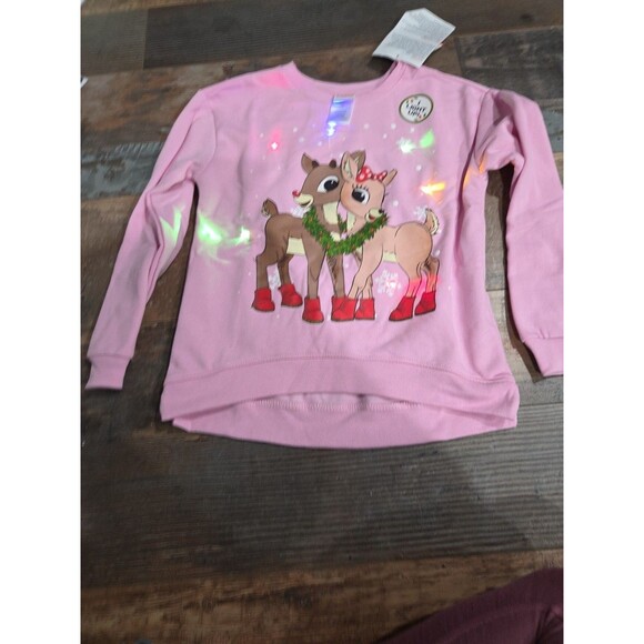 New X Large Rudolph Red Nosed Reindeer Pink Girls Christmas Sweatshirt Light Up. - Picture 1 of 10